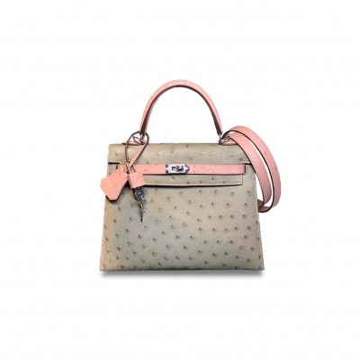 HERMÈS MASTER KELLY 25 OSTRICH LEATHER TURTLEDOVE GREY AND CERAMIC POWDER SILVER BUCKLE (25*17*7cm) 